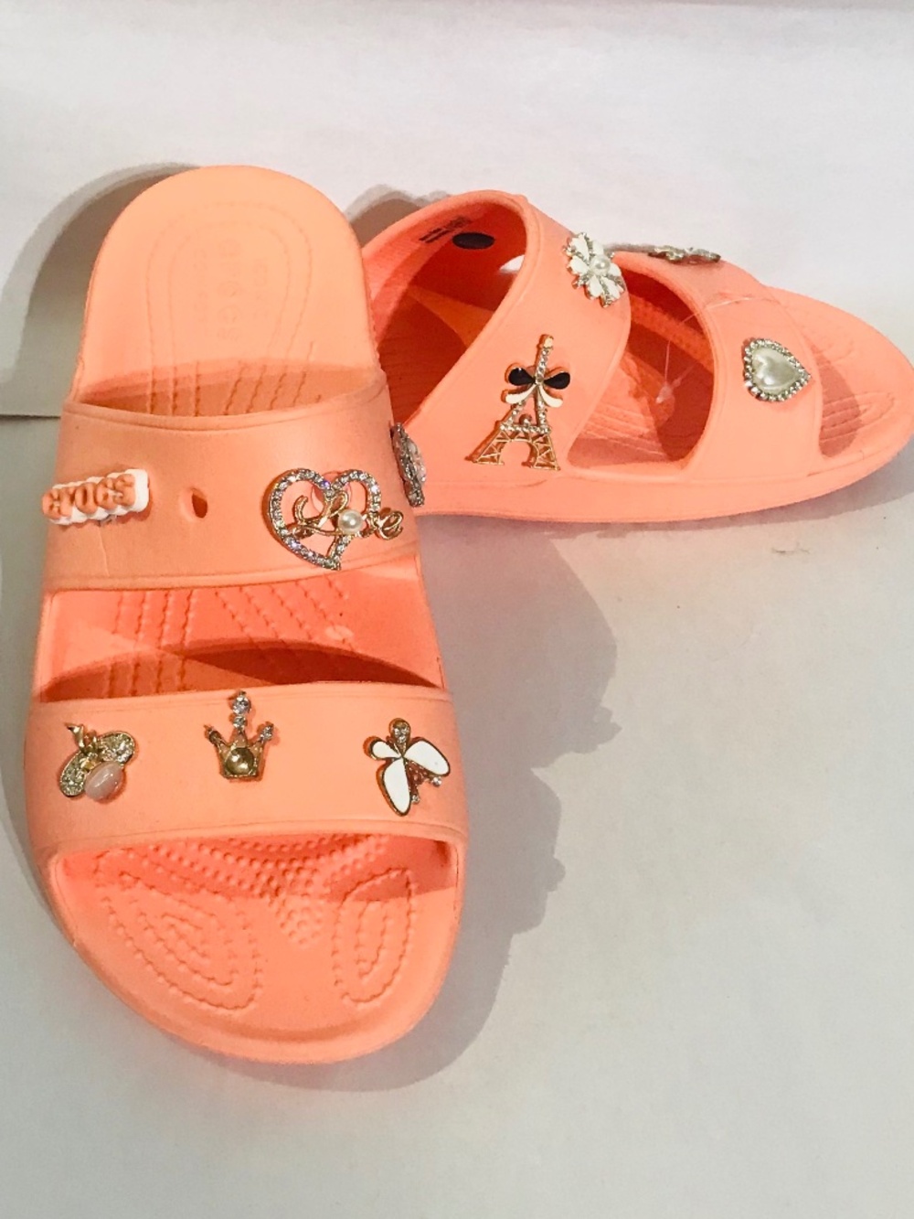 Crocs Saturday Enamel Two Straps Rhinestone Pin Floral Eifel Tower Sandal Slides